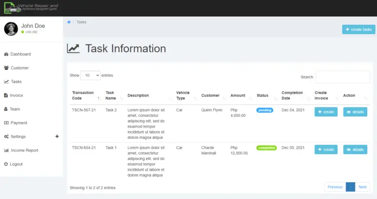 Vehicle Repair and Maintenance Management System Free Bootstrap Source ...