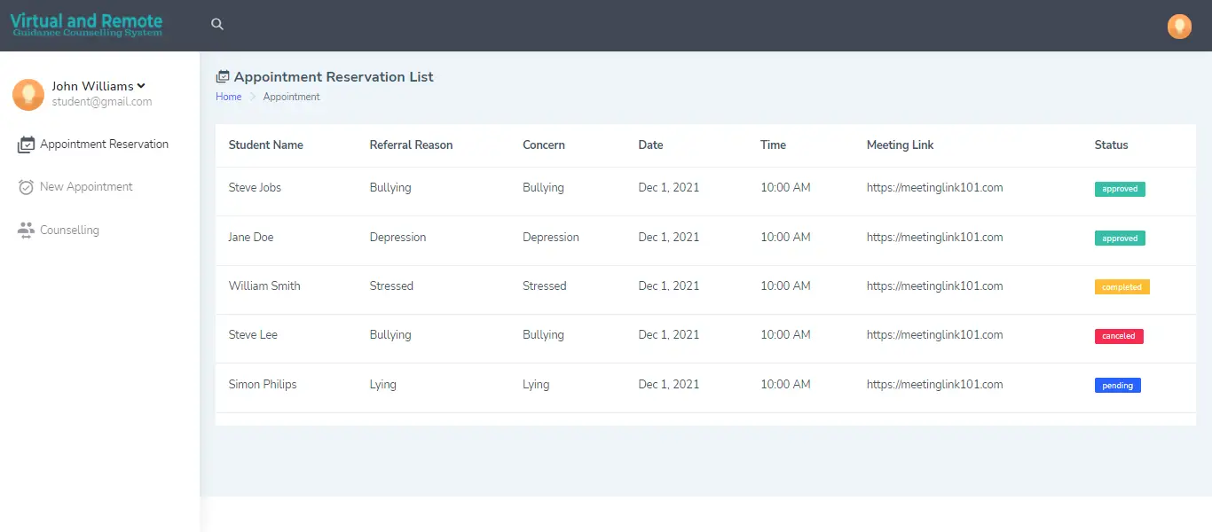 Virtual and Remote Guidance Counselling System Free Bootstrap and PHP Script - Appointment List