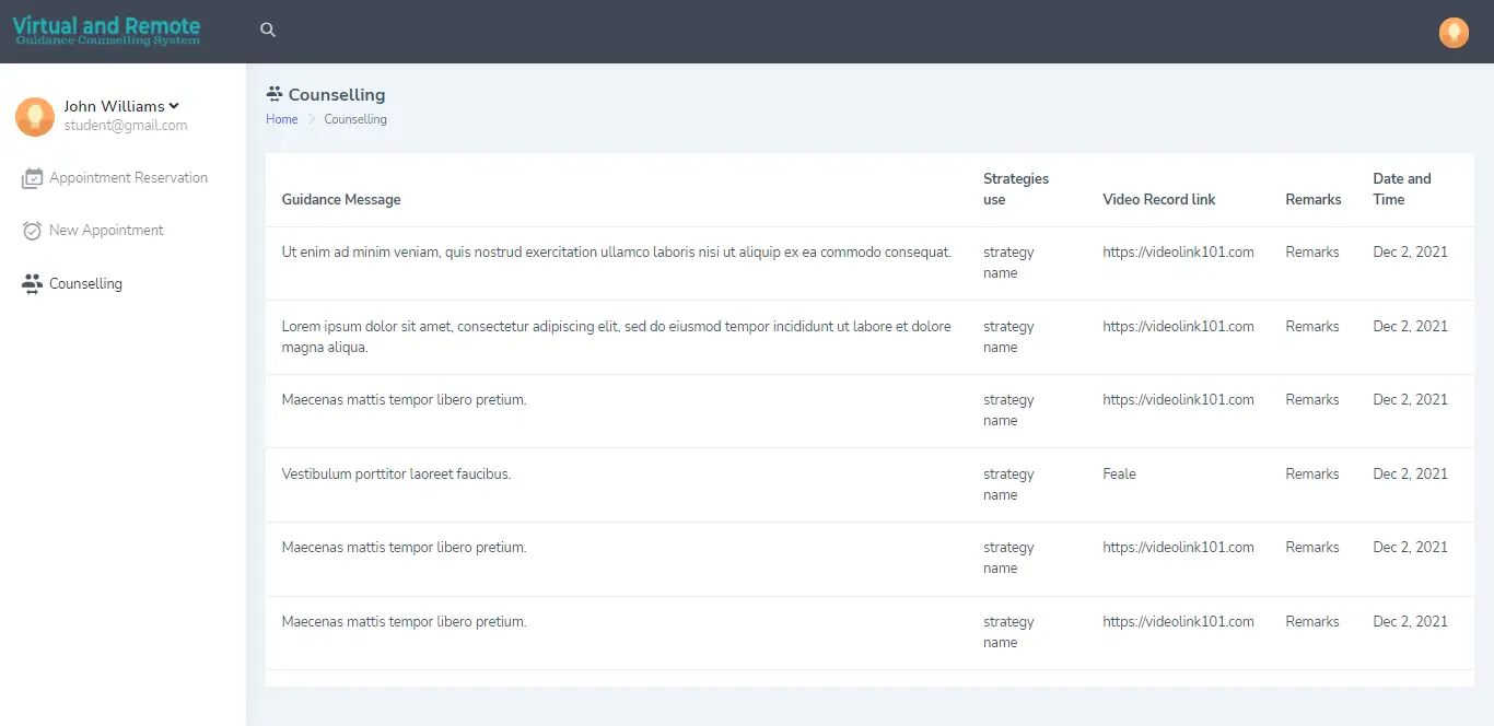 Virtual and Remote Guidance Counselling System Free Bootstrap and PHP Script - Counselling Record