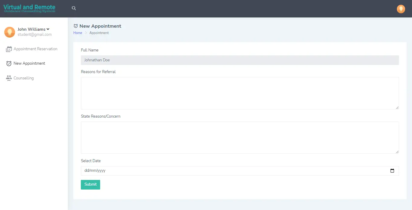 Virtual and Remote Guidance Counselling System Free Bootstrap and PHP Script - New Appointment