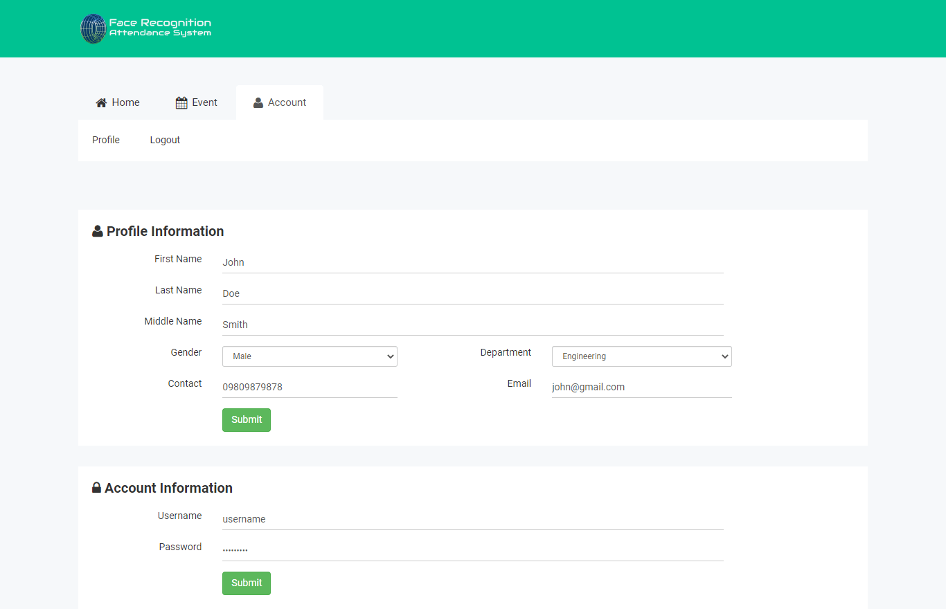 Face Recognition Attendance System Application Free Download Bootstrap and PHP Script - Personal Profile