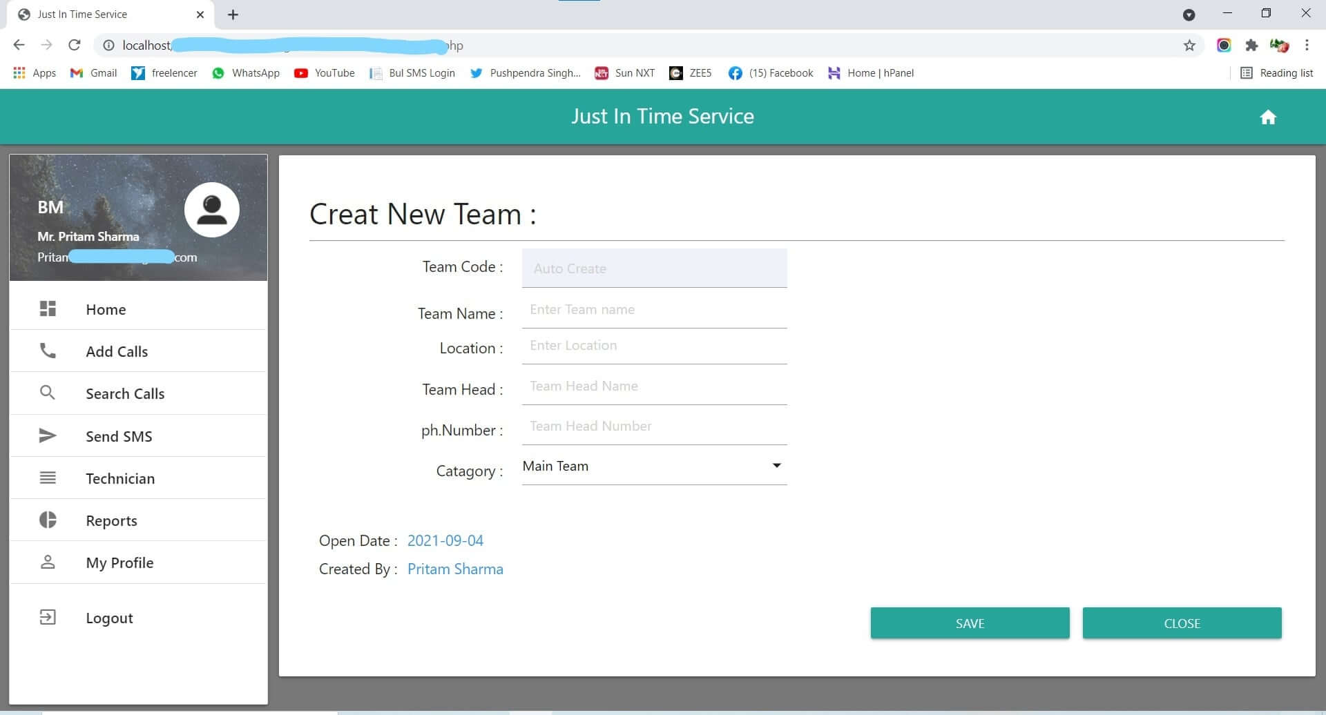Online Service Call Management Professional CRM Software in PHP - Create New Team
