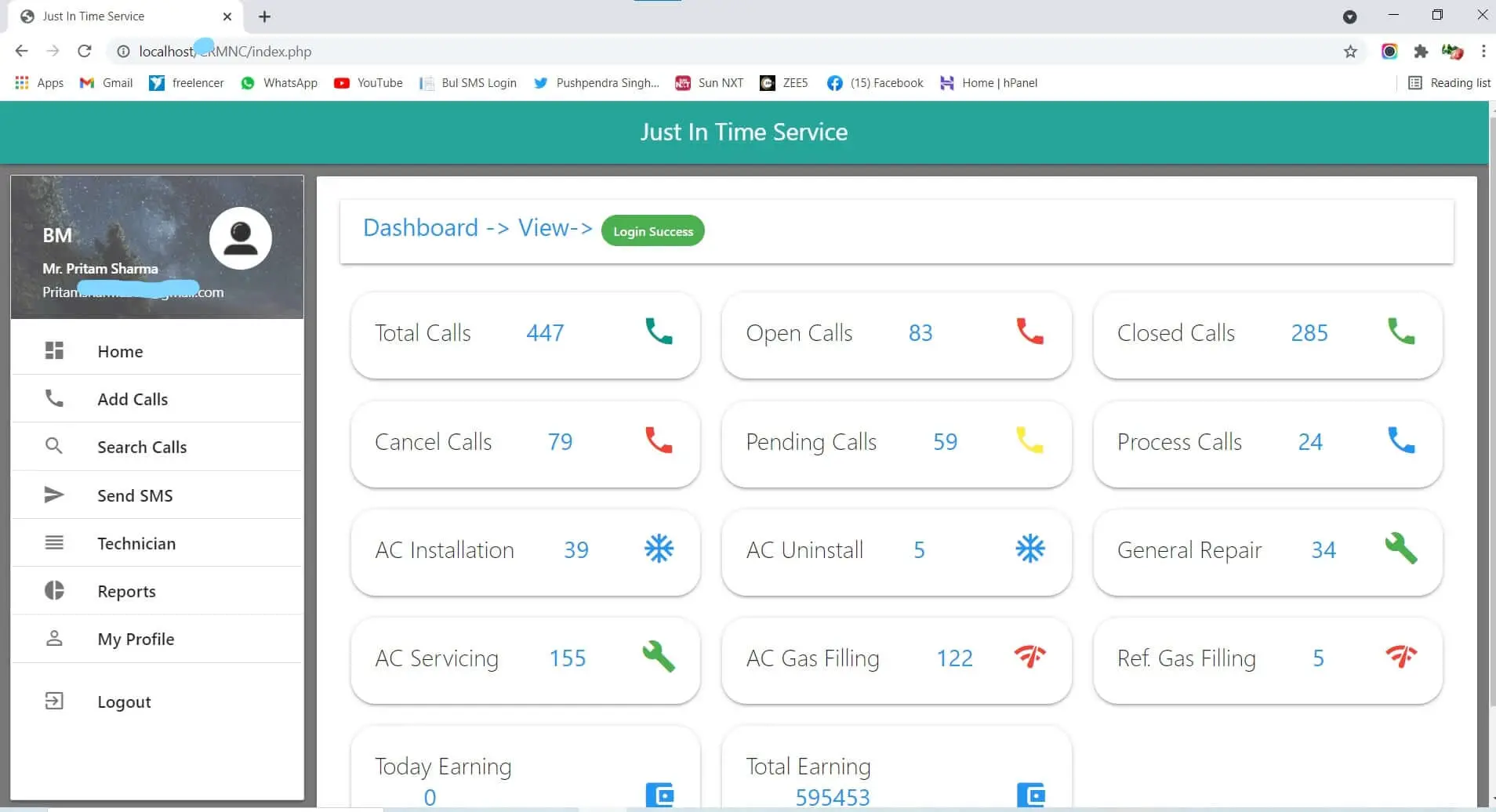Online Service Call Management Professional CRM Software in PHP - Dashboard