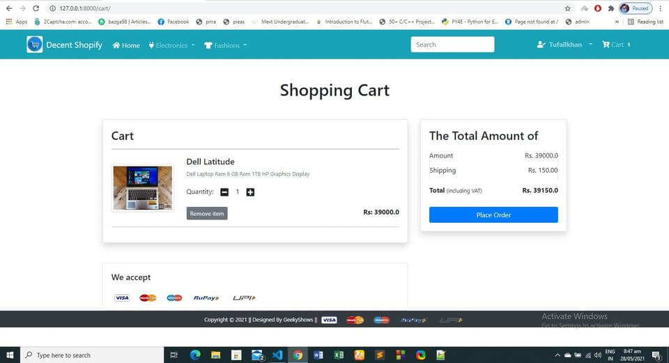 Basic Ecommerce Website in Django Free Source code - Shopping Cart