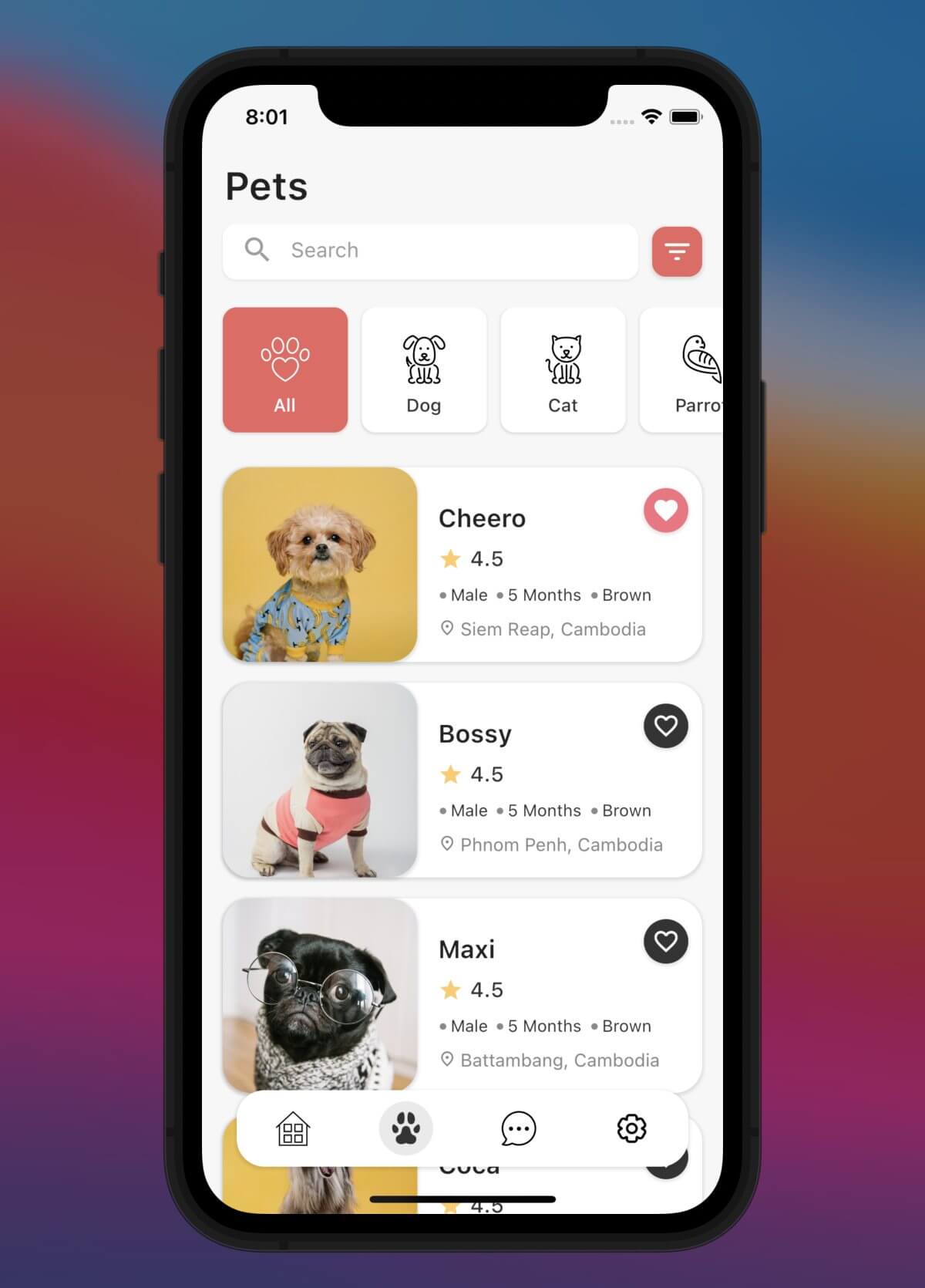 Pet Adoption App in Flutter Free Source code - Pets Page