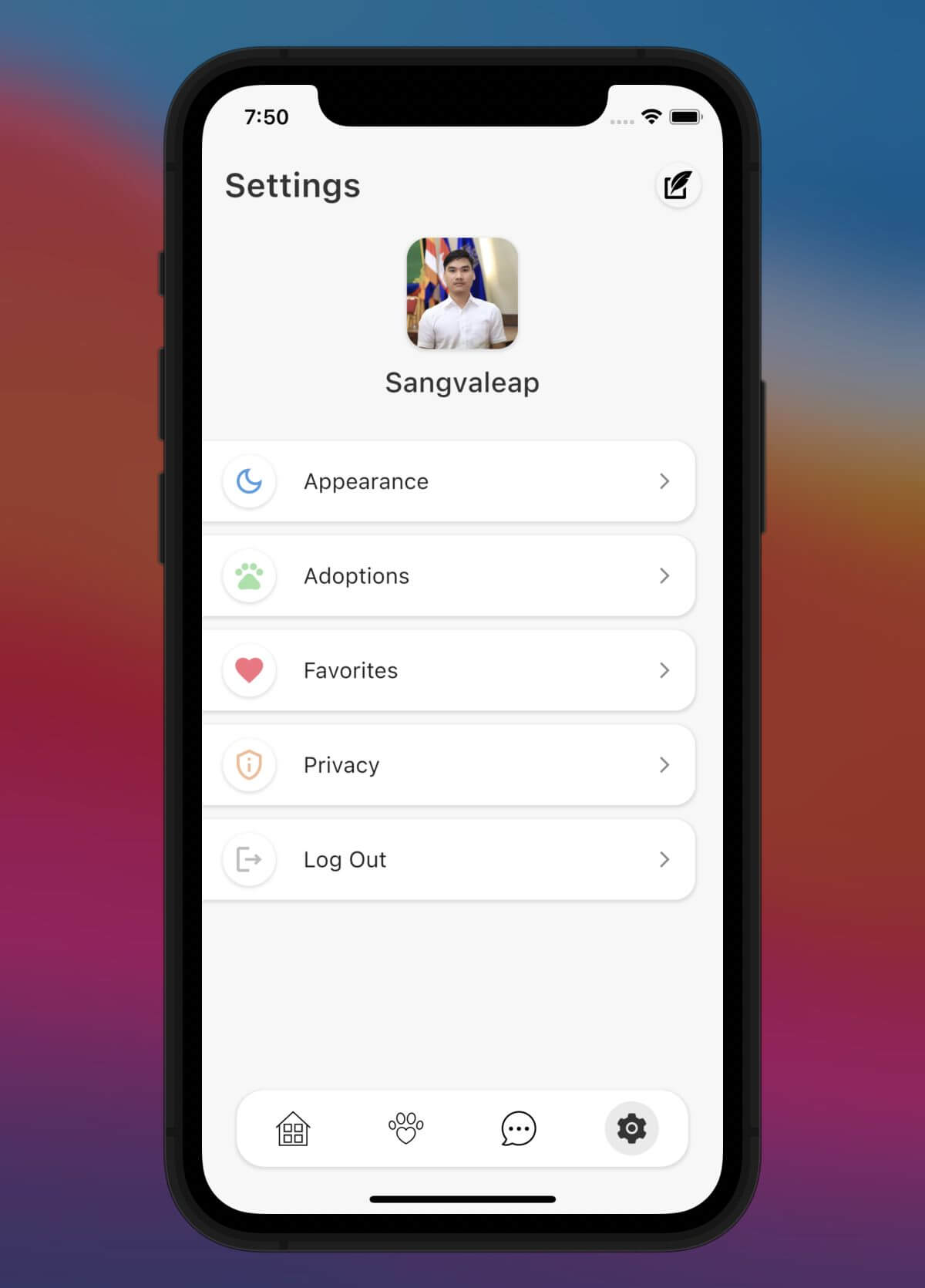 Pet Adoption App in Flutter Free Source code - Settings Page