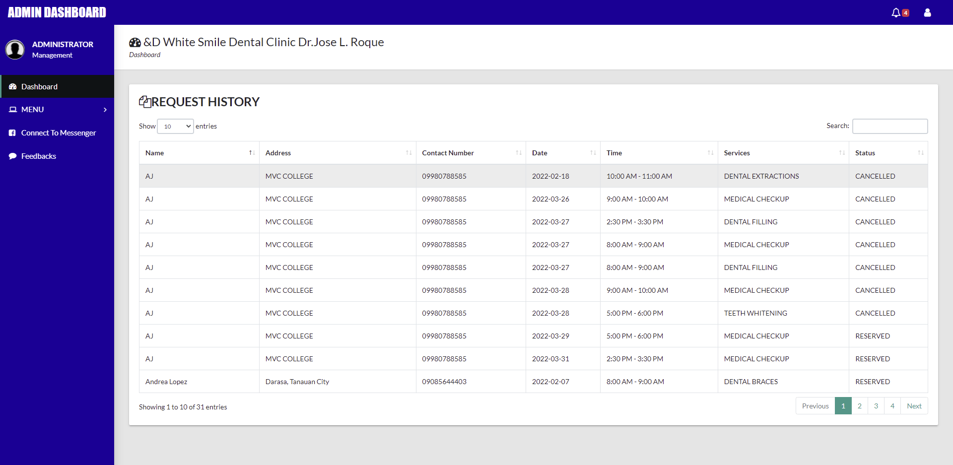 Dental Clinic System in PHP - Request History