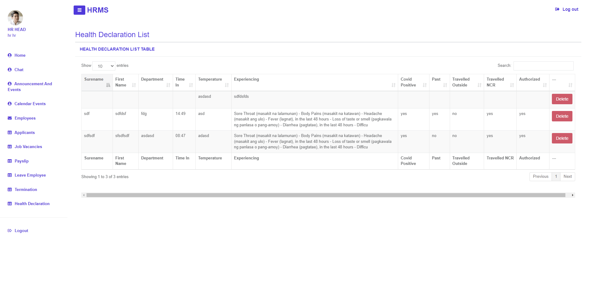 HRMS with Algo Searching and Live Chatting using PHP - Health Declaration List