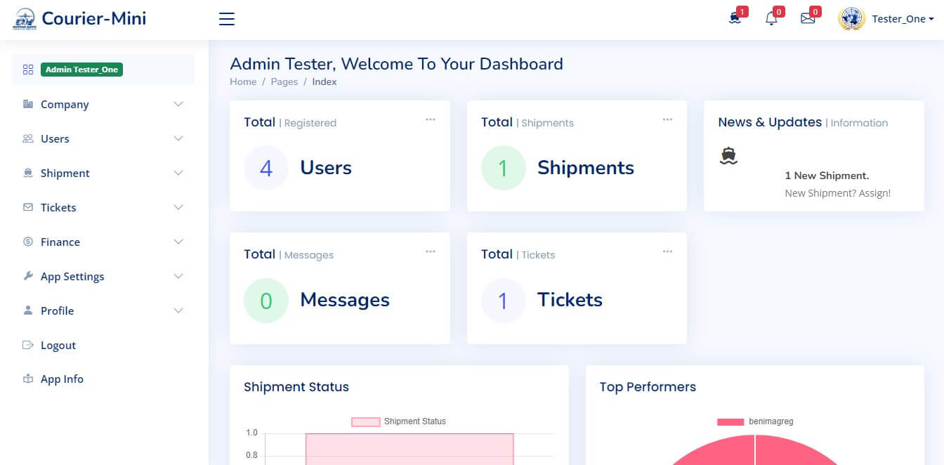 Courier Logistics Software in PHP and MySQL - Dashboard