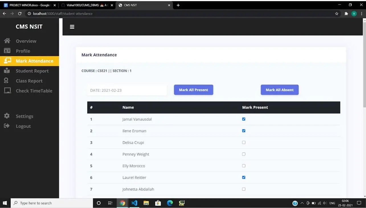 College Management System Project using Node.js and MySQL - Attendance