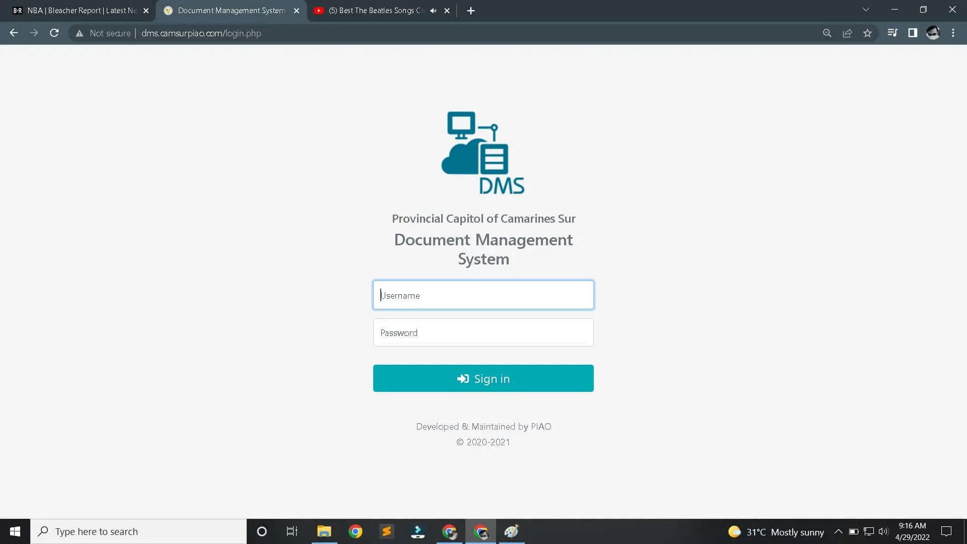 Document Management and Tracking System - Login Form