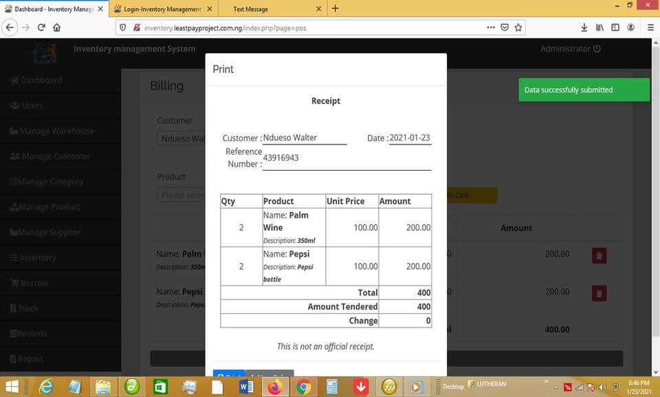 Inventory Management System built with Core PHP - Print Receipt