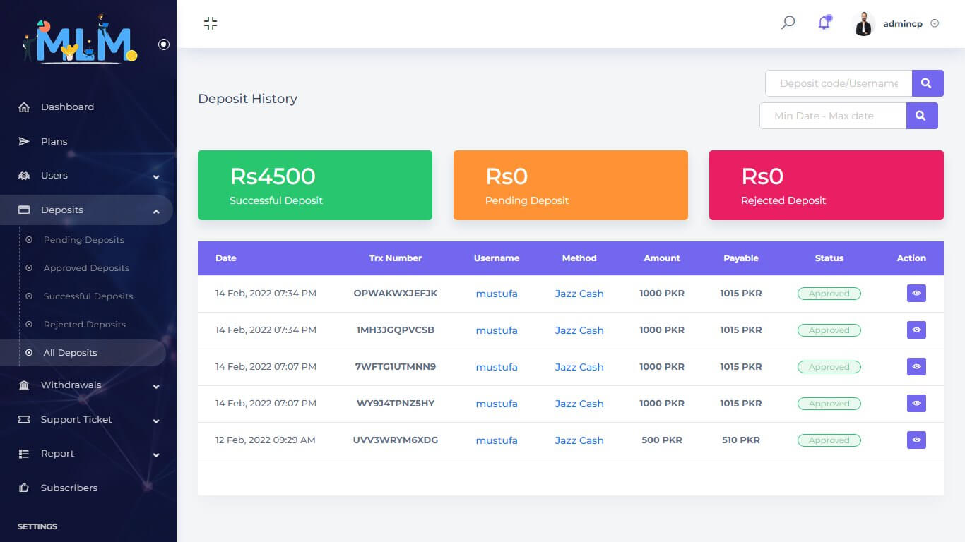 Investment Platform in PHP - Deposit History