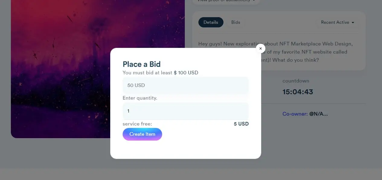 NFT Marketplace System Build Using Django - Bid