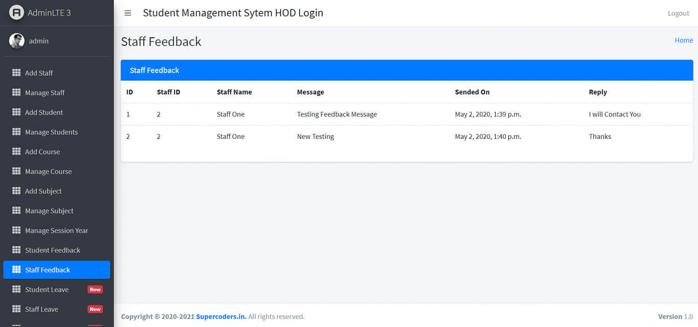 Student Management in Django - Staff Feedback