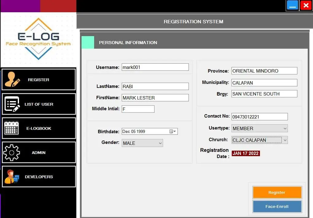 Face Recognition System in C# - Registration Form