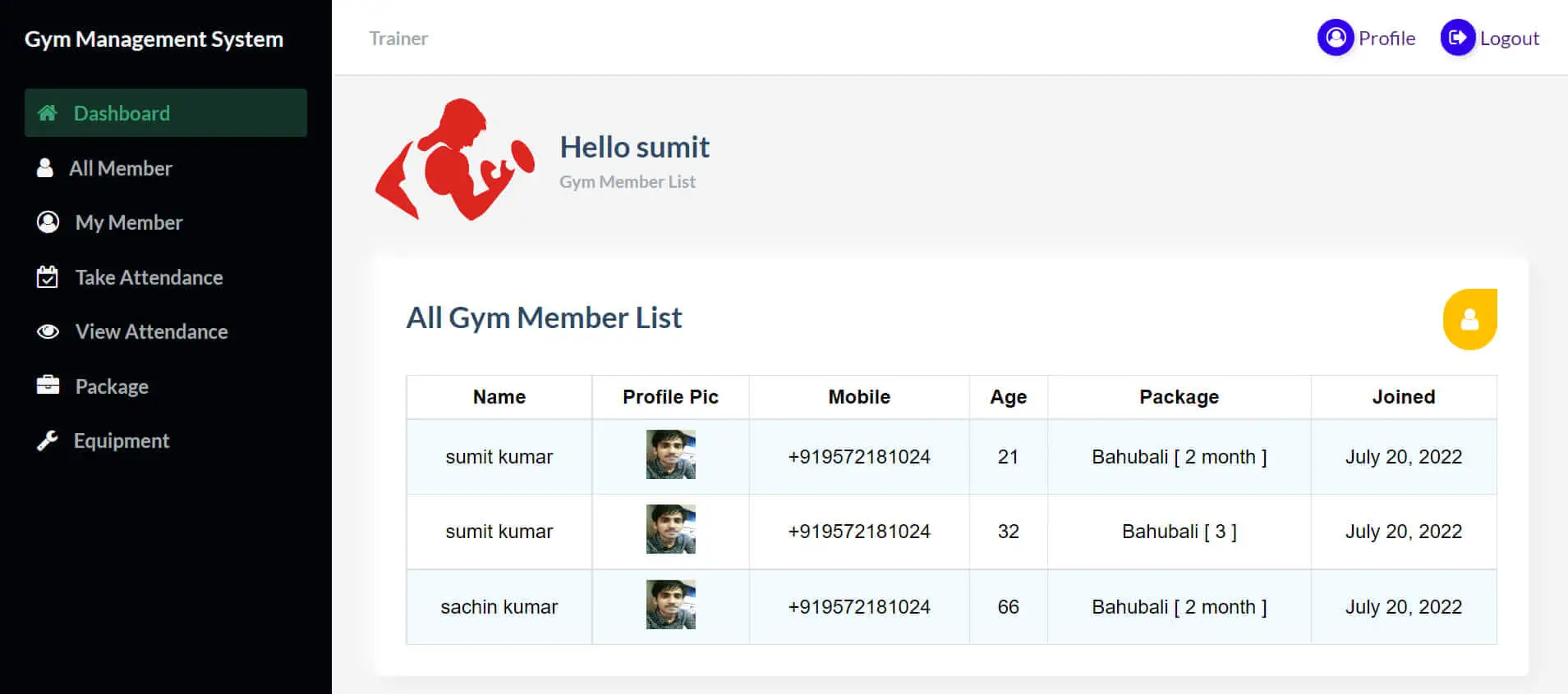Gym Management System Free Source code - Member List