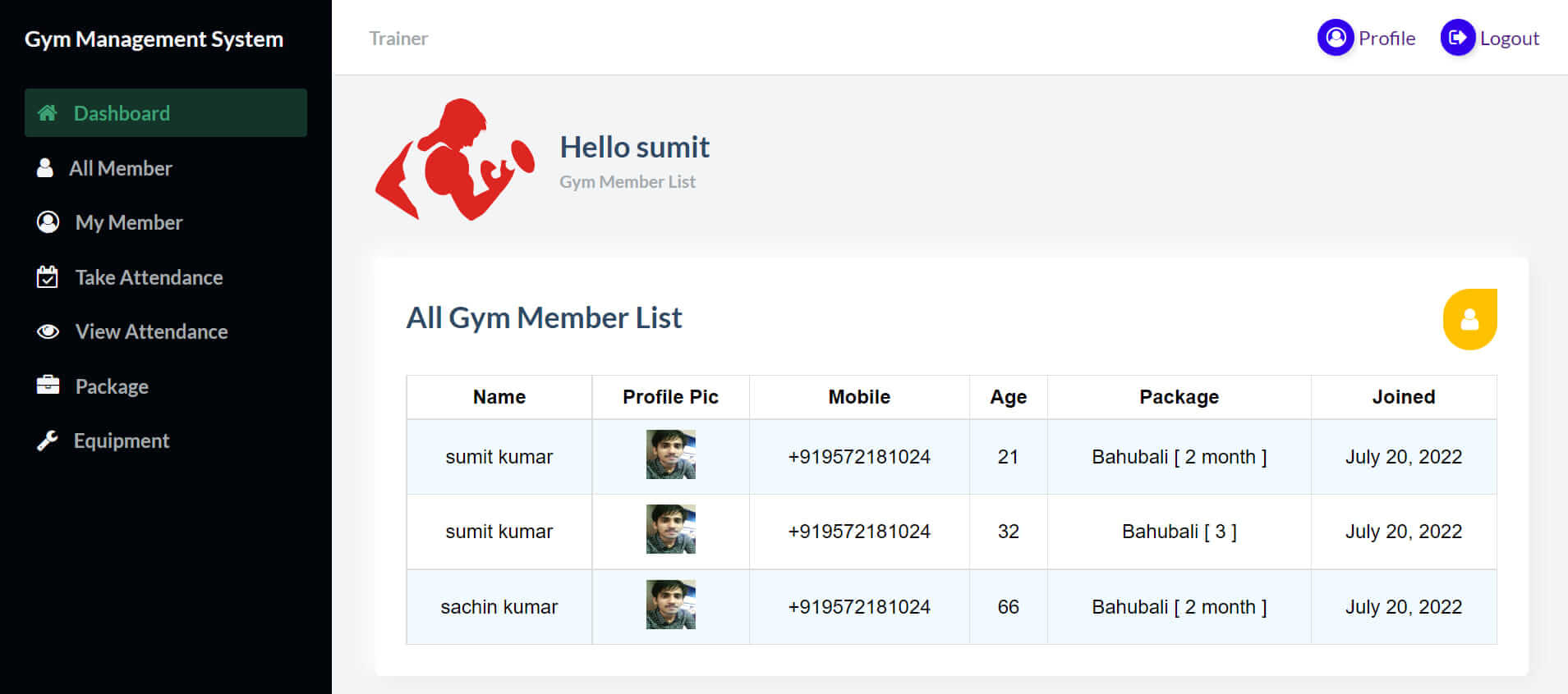 Gym Management System Free Source code - Member List