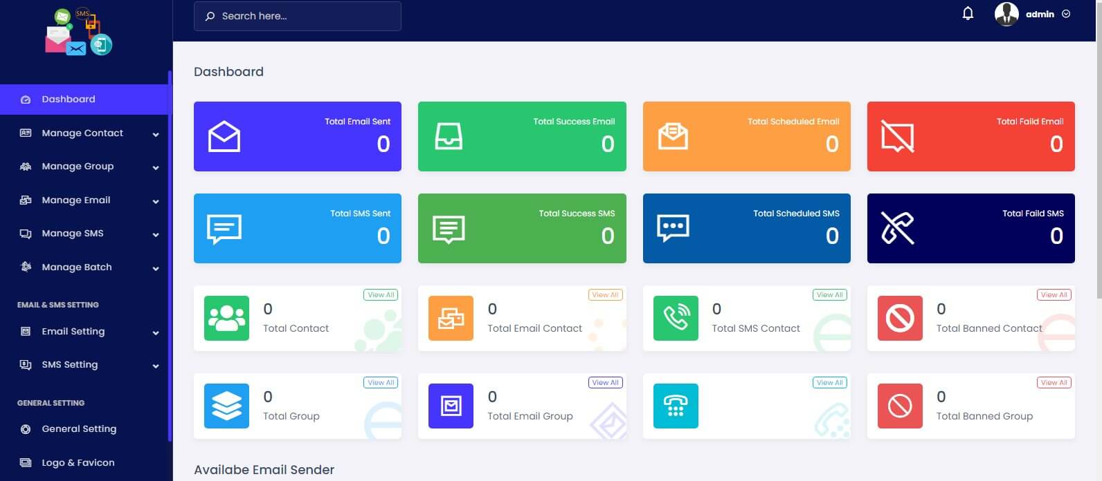 Email and SMS Marketing Solution in Laravel - Dashboard