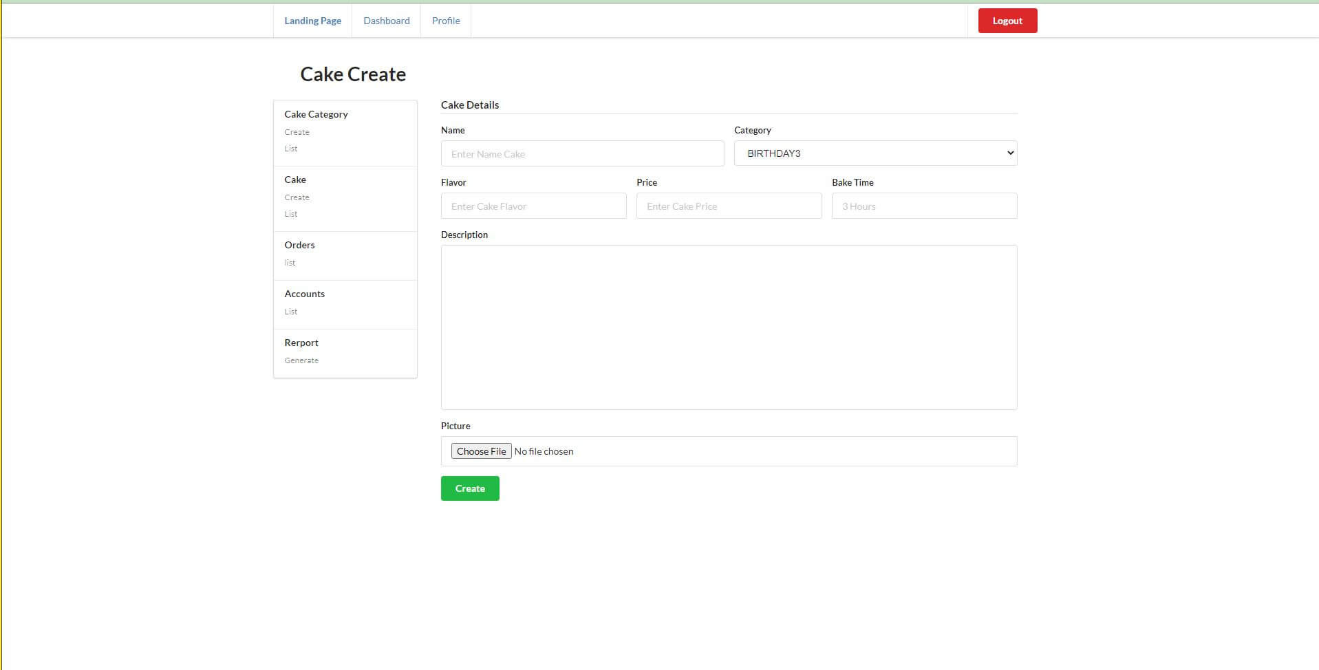 Cake Ordering System - Add New Cake