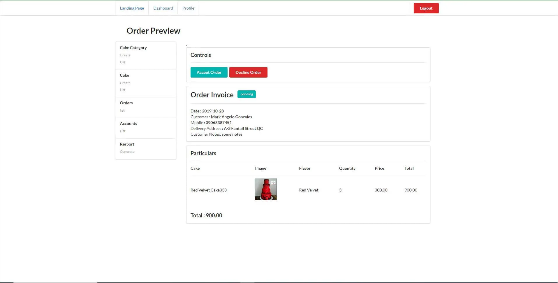 Cake Ordering System - Order Preview Page