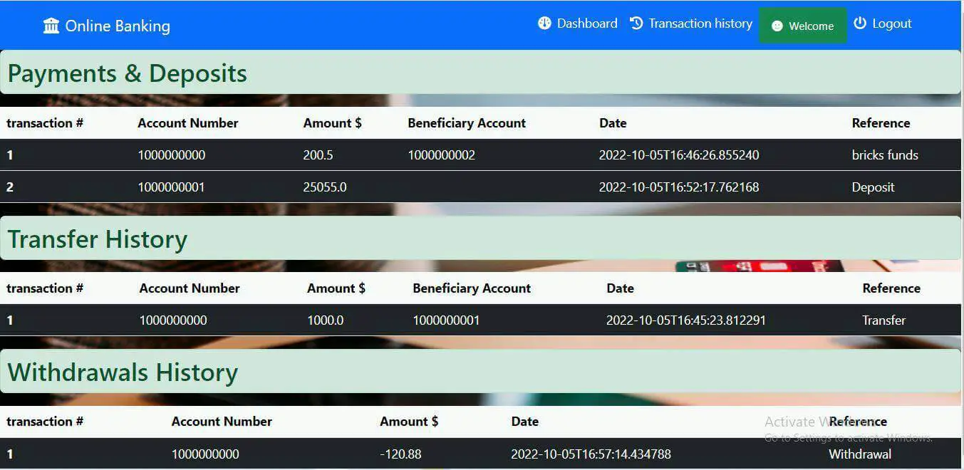 Online Banking System in Springboot - Payment and Deposit