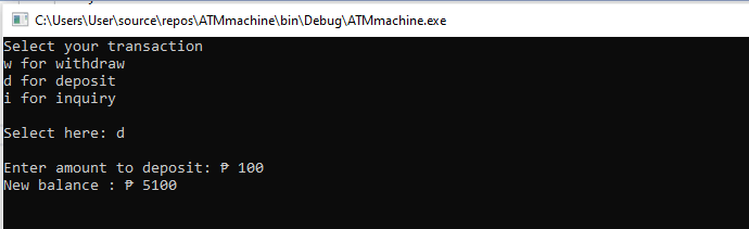 ATM Program in C# Console - Output