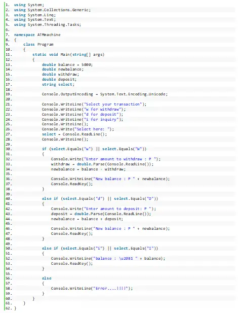 ATM Program in C# Console - Source code