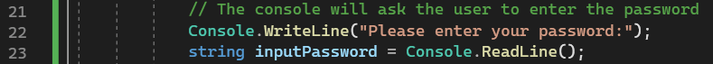 Simple Login in C# Console - Line 21-23