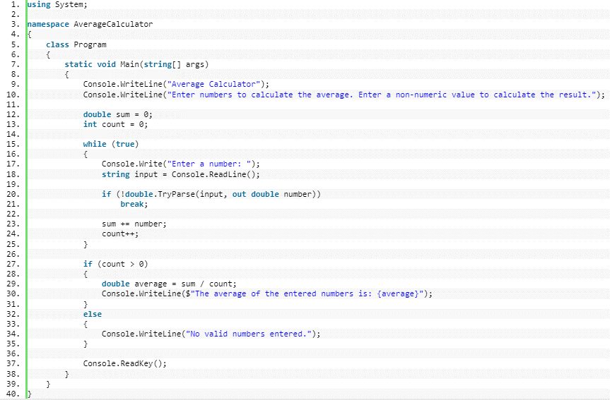 Calculate Average of Numbers in CSharp - source code