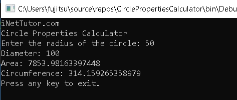 Circle Properties Calculator in CSharp - output