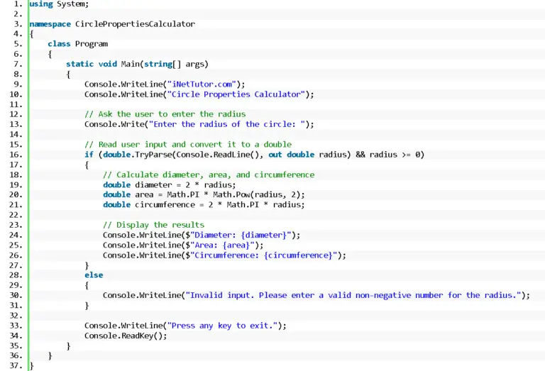 Circle Properties Calculator in CSharp - iNetTutor.com image.