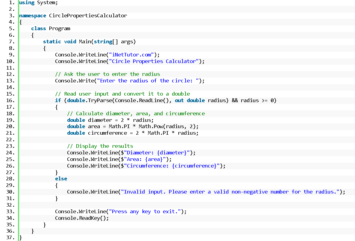 Circle Properties Calculator in CSharp - source code