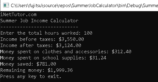 Summer Job Income Calculator - output