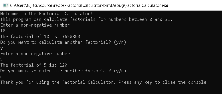 Factorial Calculator in CSharp - Output