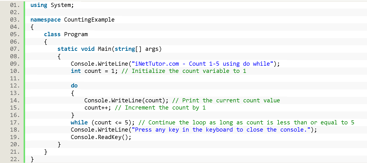 Count 1-5 using do while loop in CSharp - output