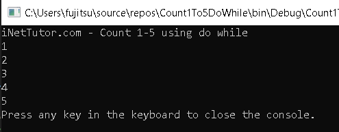 Count 1-5 using do while loop in CSharp - output1