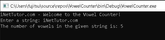 Count Vowels in a String using CSharp - output