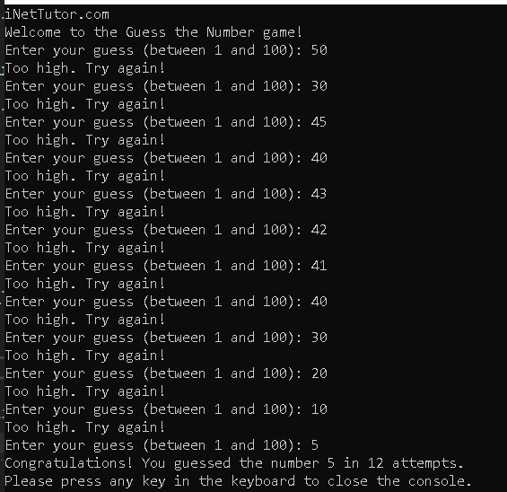 Guess Number Game in CSharp - output