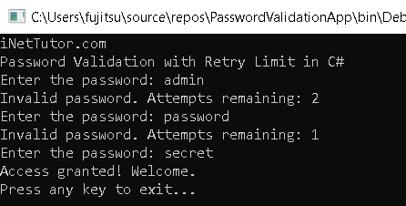 Password Validation with Retry Limit in C# - output