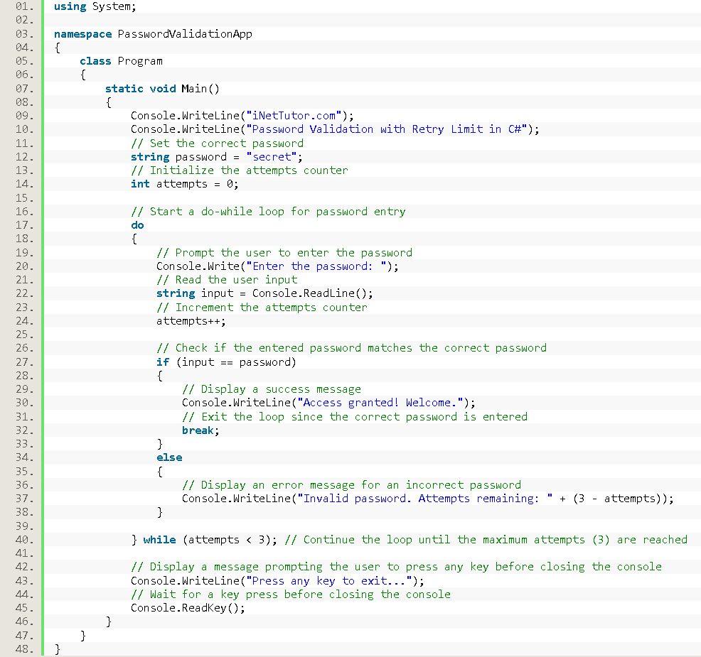 Password Validation with Retry Limit in C# - source code