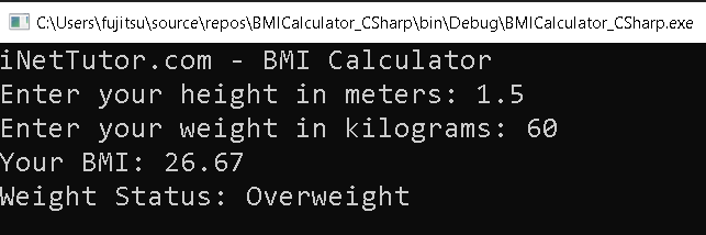 BMI Calculator in C# - output