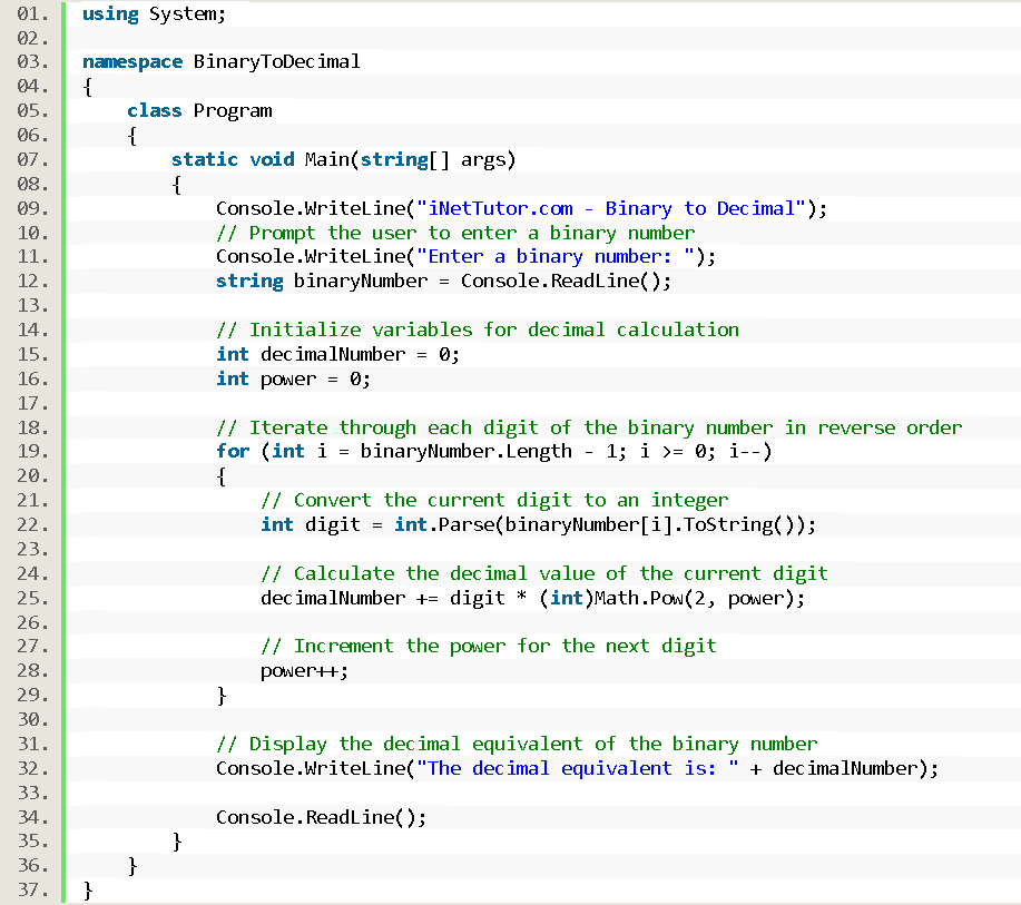 Binary to Decimal in CSharp - source code