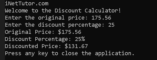 Discount Calculator in C# - output