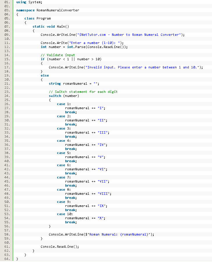 Number to Roman Numeral Converter in CSharp - source code