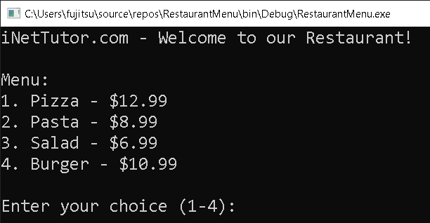 Restaurant Menu Program in C# - output