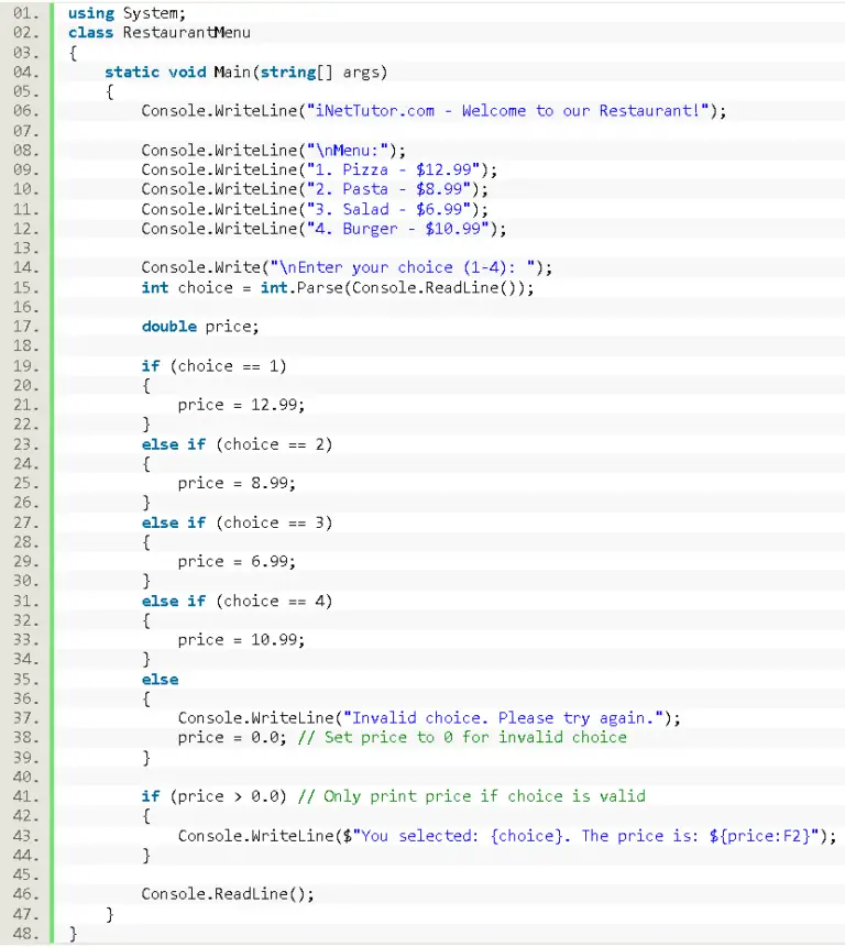 Restaurant Menu Program in C# - iNetTutor.com