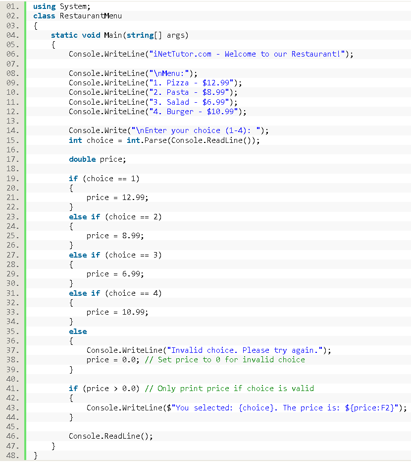 Restaurant Menu Program in C# - source code