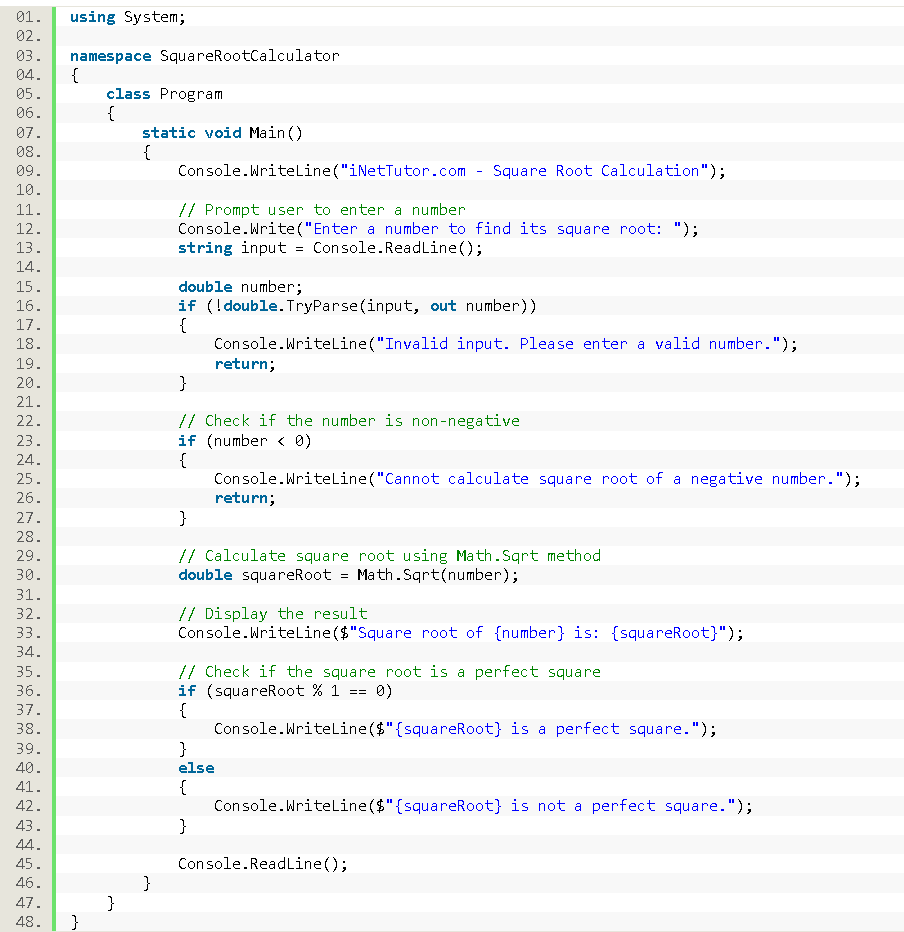 Find Square Root of a Number in CSharp - source code