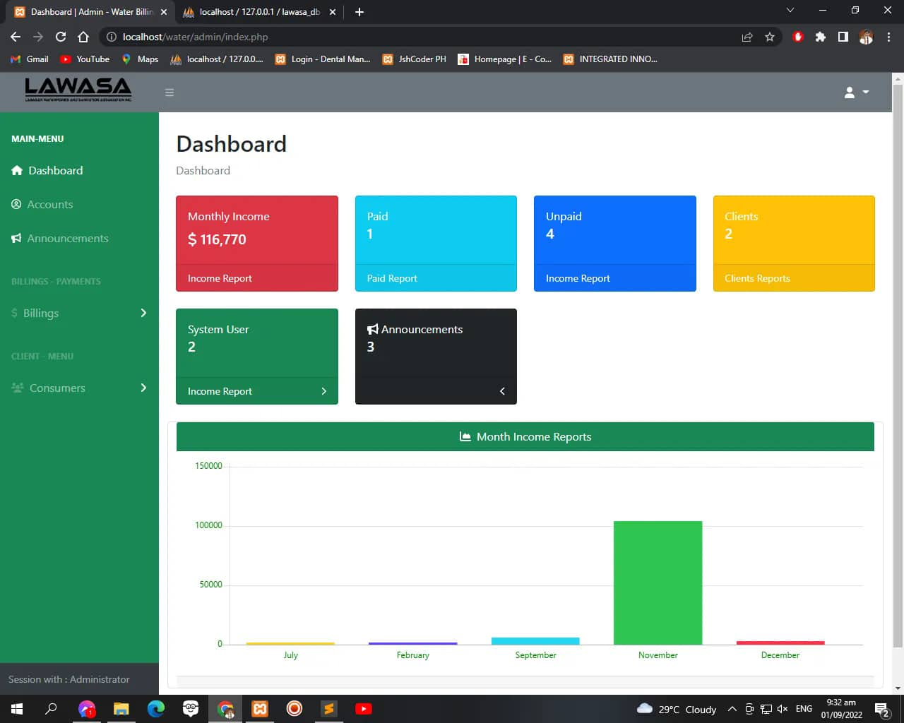 Online Water Billing System in PHP - admin dashboard